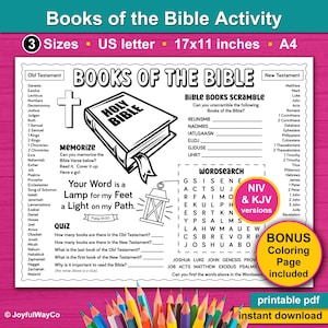 Books of the Bible Activity Page and coloring page for kids. NIV and KJV Versions. Bonus coloring page. Psalm 119:105