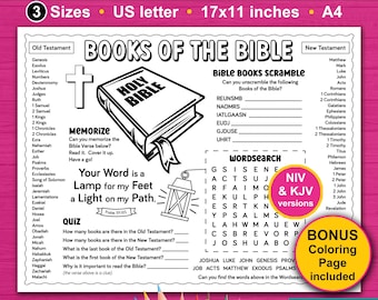 Books of the Bible Activity Placemat for Kids. Books of the Bible Activities Craft. Sunday School, Kids church, Games Sheet for children.
