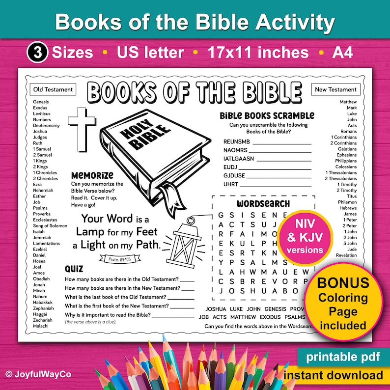 Books of the Bible Activity Page and coloring page for kids. NIV and KJV Versions. Bonus coloring page. Psalm 119:105