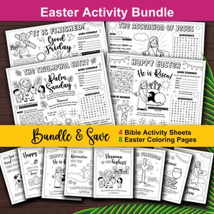Paquete de manteles individuales y hojas para colorear con actividades bíblicas de Pascua para niños. Material imprimible cristiano para el Domingo de Ramos, Viernes Santo y la Escuela Dominical de Pascua para niños.
