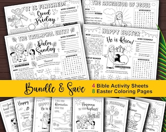 Paquete de manteles individuales y hojas para colorear con actividades bíblicas de Pascua para niños. Material imprimible cristiano para el Domingo de Ramos, Viernes Santo y la Escuela Dominical de Pascua para niños.