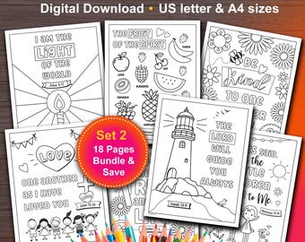 Bible Verse Coloring Pages for Kids bundle. 18 Christian coloring sheets for children. Sunday school, church, homeschool activity for kids