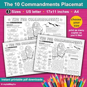 The Ten Commandments Bible Activity Sheet for Kids. The 10 Commandments Bible Placemat for Sunday School, Homeschool, VBS, Kids Church, home and meal times. Bible verses Exodus 20:1-17