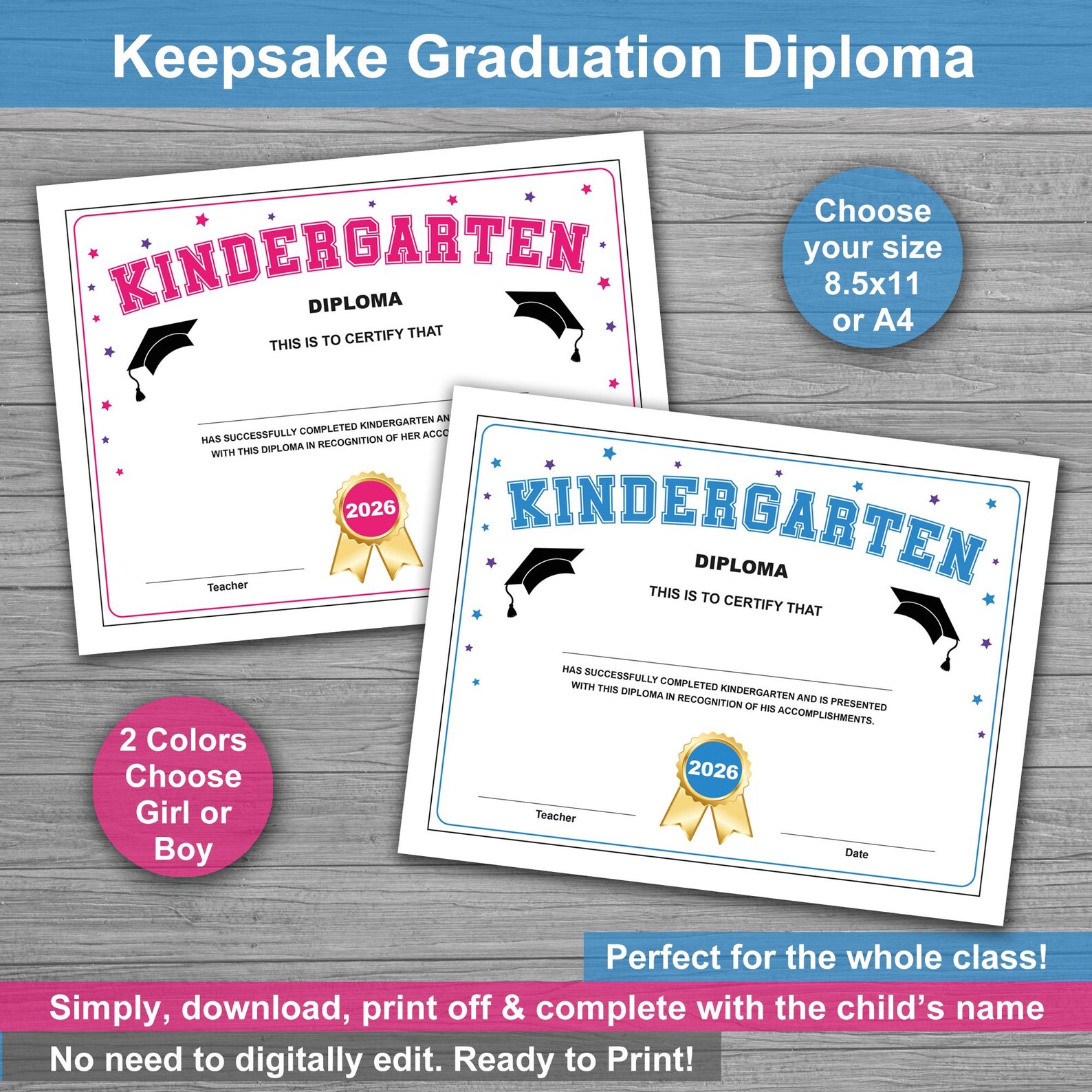 Kindergarten Graduation Diploma Printable: Pink or Blue Certificate ...