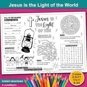イエスは世の光である聖書アクティビティの印刷物。キリスト教アクティビティ用プレースマット。日曜学校のお子様向けライトパーティー聖書ゲームクラフト