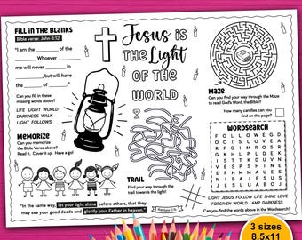 Jesus is the Light of the World Bible Activity printable. Christian Activity Placemat. Light Party Bible Games Craft for Sunday School Kids