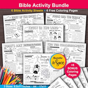 Bible Activity Sheets Bundle. 6 Christian Bible Activity placemats. Bible Verse coloring for kids. Sunday School church homeschool