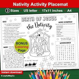 Nativity Activity Placemat for Kids. Birth of Jesus Christmas Coloring Games printable. Sunday School church class activity sheet