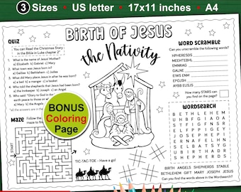 Jogo americano com atividades sobre o Presépio para crianças. Jogos de colorir para imprimir sobre o nascimento de Jesus. Folha de atividades para aula da Escola Dominical.