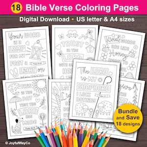 May include: A set of 18 printable coloring pages featuring Bible verses. Each page includes a different verse and a simple illustration to color. The verses include "Your Word is a Lamp for My Feet", "Trust in the Lord", "Kind Words are Like Honey", "The Lord is My Shepherd", and "This is the Day that the Lord Has Made".