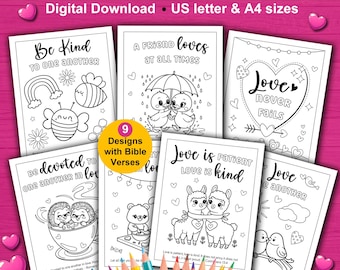 Love themed Bible Coloring Pages for Kids. Christian Coloring pages with Bible verses for Sunday School children