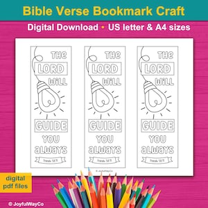 Puede incluir: Tres marcadores imprimibles con una ilustración en blanco y negro de una bombilla con forma de corazón. El texto en los marcadores dice "The Lord Will Guide You Always" con la referencia bíblica "Isaiah 58:11".
