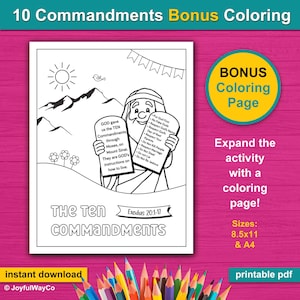 The Ten Commandments Bible Activity Sheet for Kids. The 10 Commandments Bible Placemat for Sunday School, Homeschool, VBS, Kids Church, home and meal times. Bible verses Exodus 20:1-17