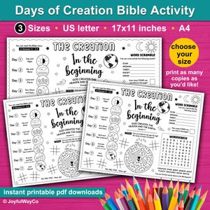 Creation Bible activity for kids. In the Begining God created the heavens and the earth. Genesis chapter 1. Seven days of creation for children. Creation Bible coloring craft for Sunday School, Kids church, homeschool, VBS.