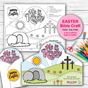 Easter Bible Craft for Kids. Easter Sunday School activity, He is Risen. Children's coloring folding paper craft for school home church
