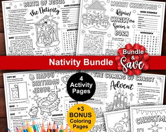 Christmas Nativity Activity Placemat Printable Bundle for kids, Christian Advent Coloring Pages, Sunday School church homeschool sheets