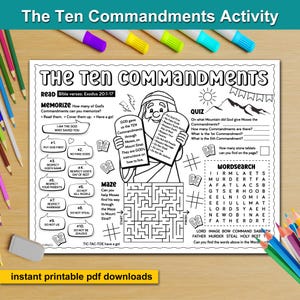 The Ten Commandments Bible Activity Sheet for Kids. The 10 Commandments Bible Placemat for Sunday School, Homeschool, VBS, Kids Church, home and meal times. Bible verses Exodus 20:1-17