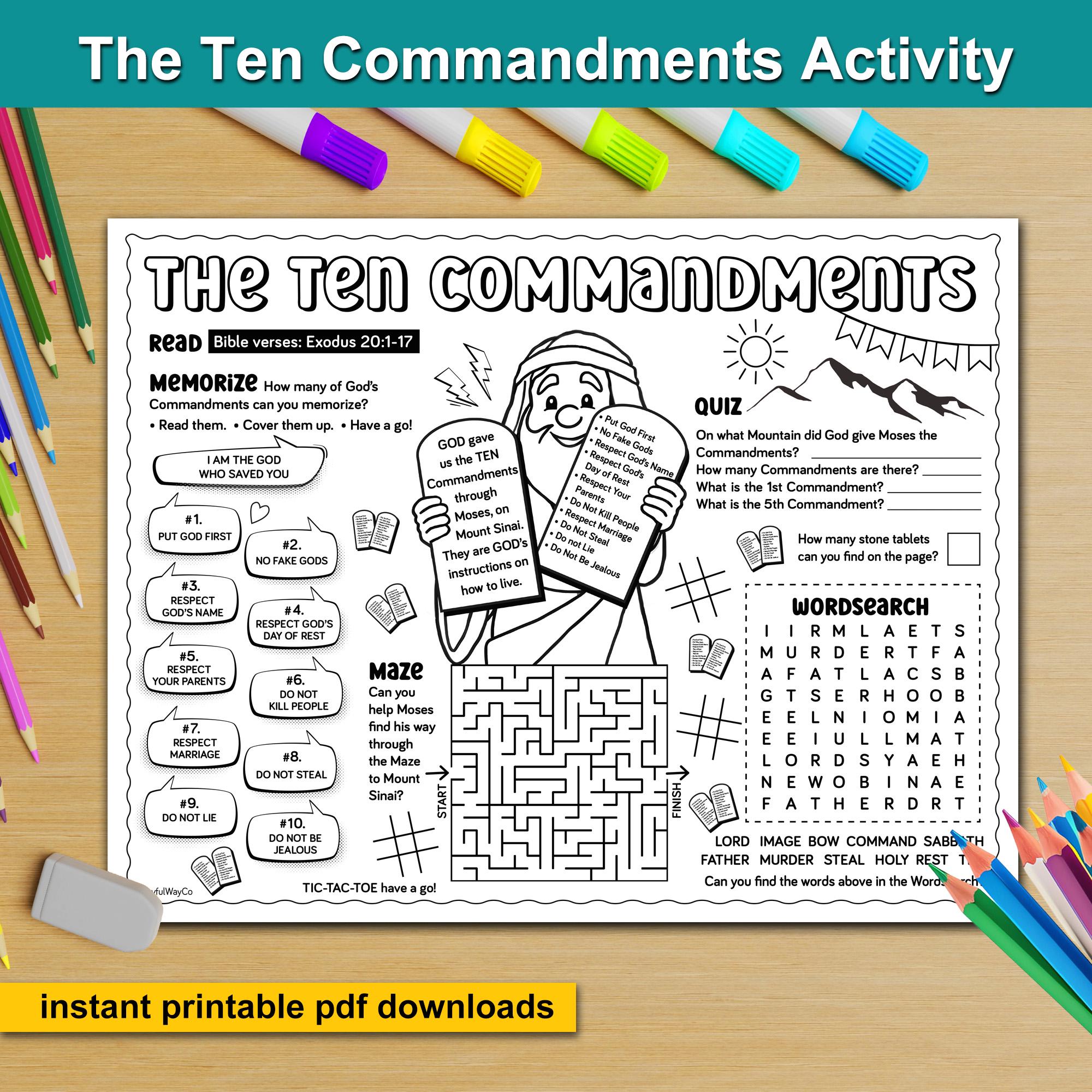 The Ten Commandments Bible Activity Placemat for Kids. Sunday School ...