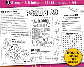 Psalm 23 activity placemat for kids. The Lord is my shepherd activity for Sunday school, kids church, home school and dinner times.