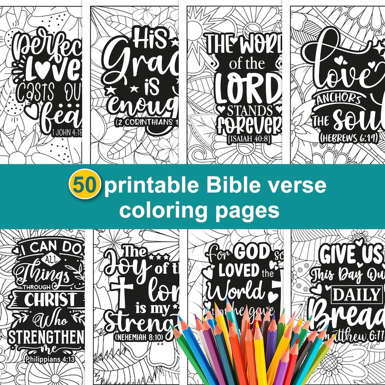 Bible Verse Coloring Bundle for adults. 50 Christian coloring sheets for adults, seniors, teens. Scripture coloring printable pages