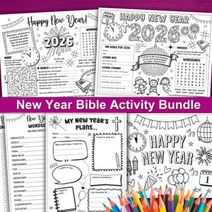 May include: A New Year Bible Activity Bundle with coloring pages. The pages include mazes, word searches, goal setting, and Bible verses. The text includes "Happy New Year!" and "2026". A colorful set of pencils is at the bottom.