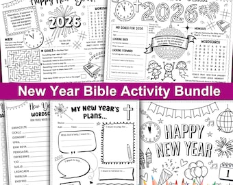 Pacchetto di pagine di attività per il nuovo anno. Tovagliette cristiane per il nuovo anno, giochi da colorare per bambini. Schede di attività bibliche stampabili per la scuola domenicale.