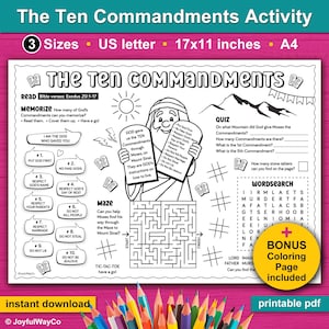 Puede incluir: Una hoja de actividades imprimible de los Diez Mandamientos con un laberinto, una búsqueda de palabras y un cuestionario. Incluye una página para colorear adicional. Con el texto "The Ten Commandments Activity". Formato A4.