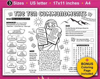 May include: A printable Ten Commandments activity sheet with a maze, word search, and quiz. Includes a bonus coloring page. Features the text "The Ten Commandments Activity" and "instant download". The sheet is 17x11 inches.