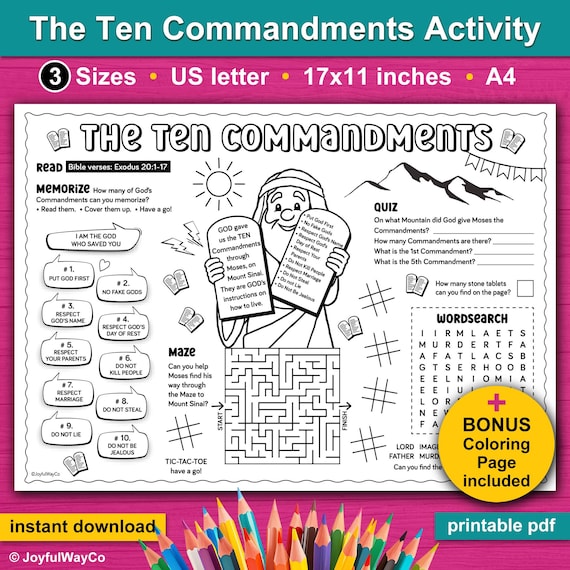 The Ten Commandments Bible Activity Placemat for Kids. Sunday School, Kids Church Activity printable.