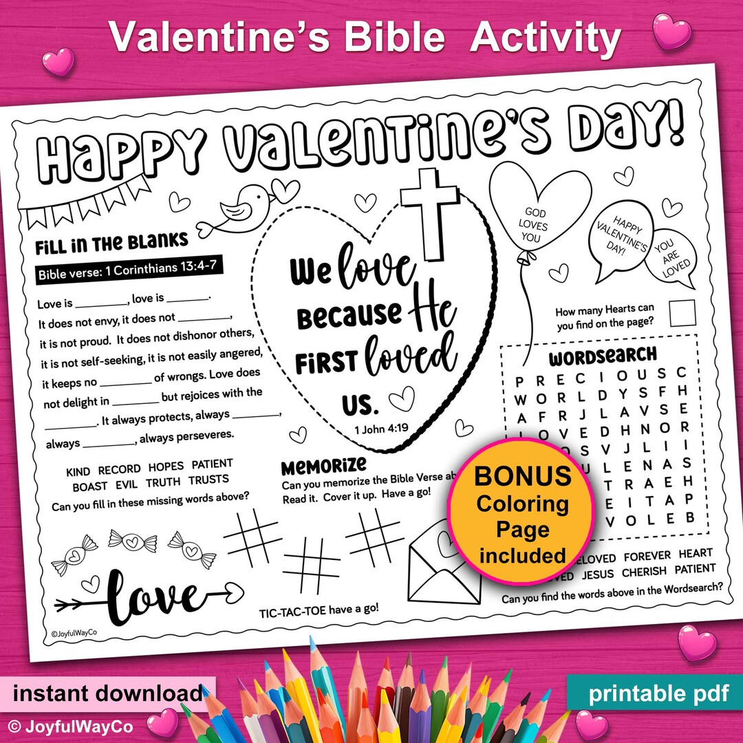 Valentine's Day Activity Placemat. Valentines Day Bible Activity Sheet ...