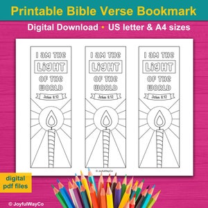 May include: Printable bookmark featuring a black and white illustration of a candle with sun rays behind it. The text reads "I am the Light of the World John 8:12".