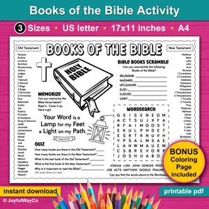Books of the Bible Activity Placemat for kids. Books of the Bible printable for Sunday school, kids church, home school and dinner times.