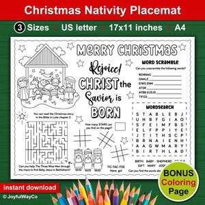 Christmas Activity Placemat for Kids, Merry Christmas printable, Christian Advent Bible Craft for children, Sunday school Nativity craft