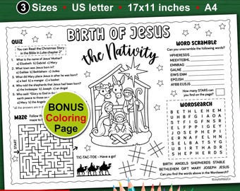 Mantel individual con actividades de la Natividad para niños. Juegos para colorear de Navidad del nacimiento de Jesús para imprimir. Hoja de actividades para la clase de la escuela dominical.