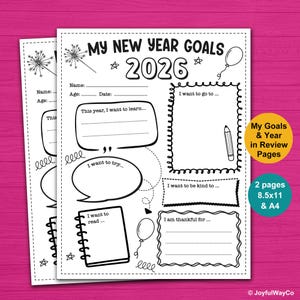 May include: Two-page black and white printable planner titled "MY NEW YEAR GOALS 2026." The pages include prompts for goals, learning, and gratitude. Includes 8.5x11 and A4 sizes.