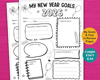 New Year's Resolution Printable for kids. New Year Goals and Year in Review activities for school classroom homeschool, NYE party 2026