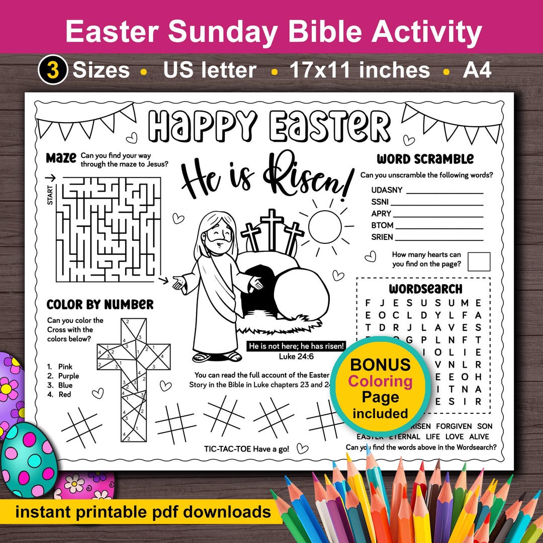 Easter Bible Activity Placemat and Coloring for Kids. Christian Easter ...