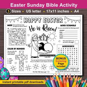 Easter Bible Activity Placemat and Coloring for kids. Christian Easter Sunday School activity for children