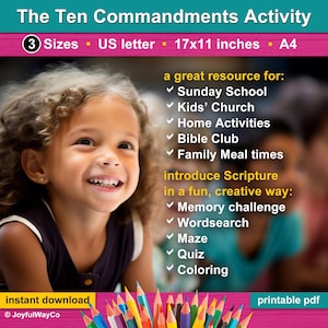 The Ten Commandments Bible Activity Sheet for Kids. The 10 Commandments Bible Placemat for Sunday School, Homeschool, VBS, Kids Church, home and meal times. Bible verses Exodus 20:1-17
