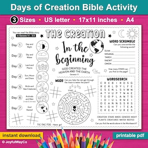 May include: A black and white printable activity sheet for children about the creation story from the Bible. The sheet includes a word search, word scramble, and a maze. The text on the sheet says "The Creation In the beginning" and "God created the heaven and the earth".