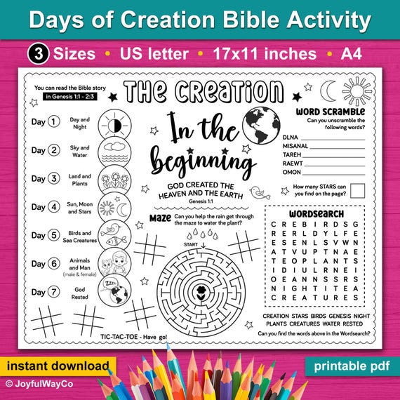 Creation Bible Story Activity Placemat for Kids. In the Beginning Bible Activity printable. Sunday school, Homeschool church craft