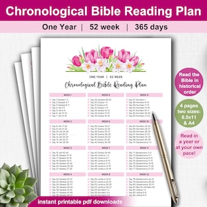 Könnte beinhalten: Ein druckbarer Bibelleseplan mit floralem Design, der einen Jahres-, 52-Wochen-, 365-Tage-Zeitplan bietet. Enthält wöchentliche Lesungen und den Text "Chronological Bible Reading Plan". Erhältlich in zwei Größen: 8,5x11 und A4.