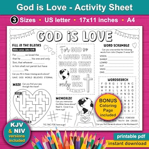 For God so Loved the World Activity placemat for Kids. John 3:16. Easter Sunday school coloring activity printable for children