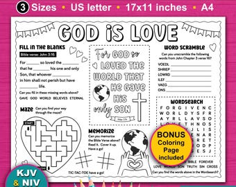 For God so Loved the World Activity placemat for Kids. John 3:16. Sunday school coloring activity printable for children