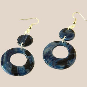 Boho Black and Blue Polymer Clay Circle Dangle Earrings