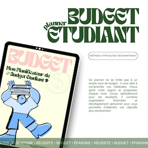 Peut inclure: Un planificateur numérique avec le texte "Budget Étudiant" en vert et rose. L'image présente un personnage de dessin animé portant des livres, avec les mots "Mon Planificateur de Budget Étudiant" sur l'écran. Le texte "MAITRISEZ VOTRE BUDGET DES MAINTENANT" est également visible.