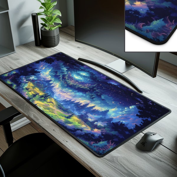 Retro Vibrant Starry Night Sky Glow Ethereal Blue-Green Water-Color Style Cute Desk Decoration Desktop Mat Pads Keyboard Mouse Pad