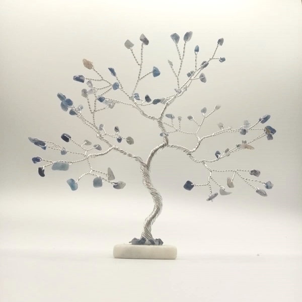 Escultura artesanal en jaspe azul, decoración del hogar; Bonsái, árbol de la vida; aniversario de boda, aniversario de compromiso