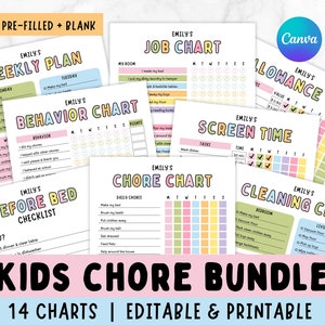 May include: A set of 14 printable chore charts for kids. The charts are colorful and feature a variety of themes, including weekly plans, job charts, behavior charts, chore charts, screen time charts, cleaning charts, and allowance trackers. The charts are editable and can be personalized with a child's name.