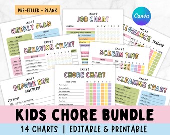 May include: A set of 14 printable chore charts for kids. The charts are colorful and feature a variety of themes, including weekly plans, job charts, behavior charts, chore charts, screen time charts, cleaning charts, and allowance trackers. The charts are editable and can be personalized with a child's name.